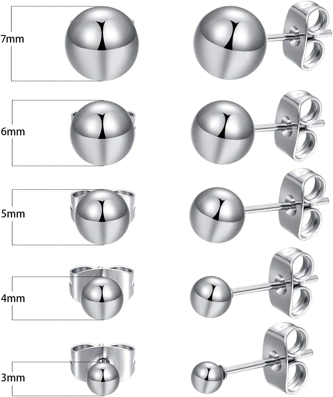 MDFUN 6 Pairs Surgical Stainless Steel Round Ball Stud Earrings Set for Women Men 3-7mm