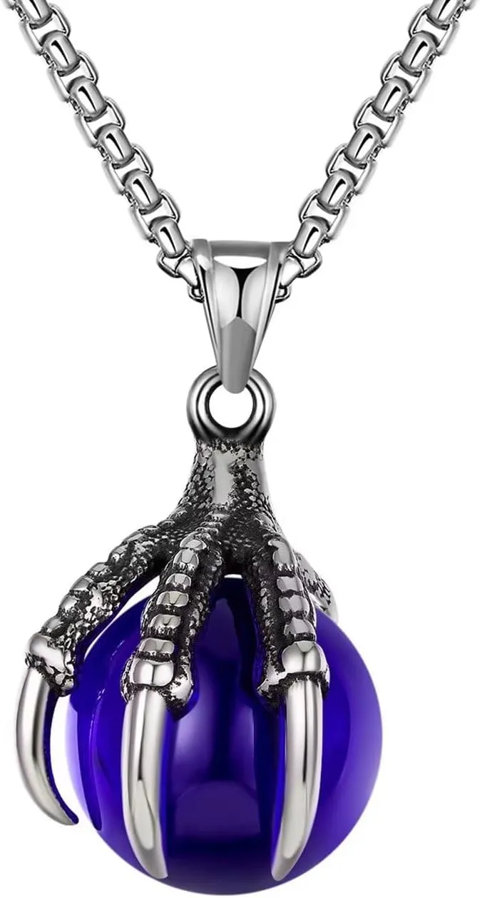 Meilord Vintage Dragon Claw Pendant Necklace for Men and Women Blue Purple Red Green Ball Stainless Steel Hip Hop Punk Gothic Biker Amulet Protection Talisman Necklaces,24 Inches Chain