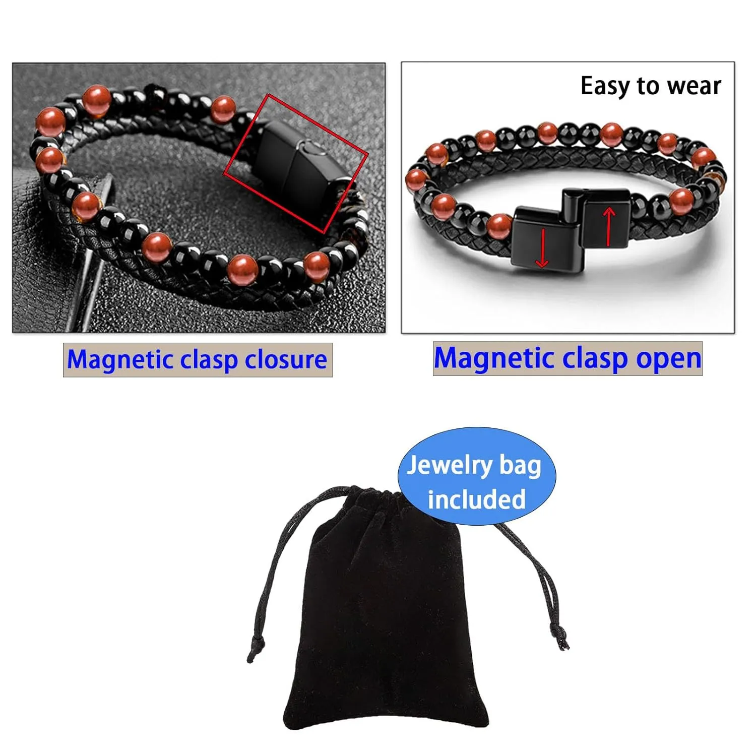 Men Leather Bracelet 2 in 1 Handmade Braided Leather Rope Tiger Eye Beaded Stone Bracelets, Double Row Magnetic Clasp Bracelet Jewelry Gift for Men and Boy (Agate, 8.3 In)