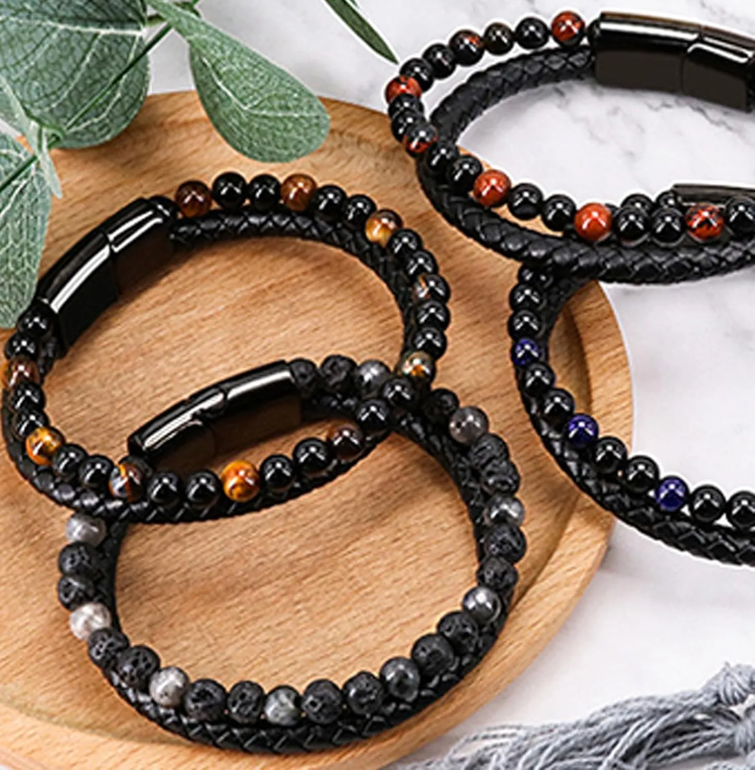 Men Leather Bracelet 2 in 1 Handmade Braided Leather Rope Tiger Eye Beaded Stone Bracelets, Double Row Magnetic Clasp Bracelet Jewelry Gift for Men and Boy (Agate, 8.3 In)