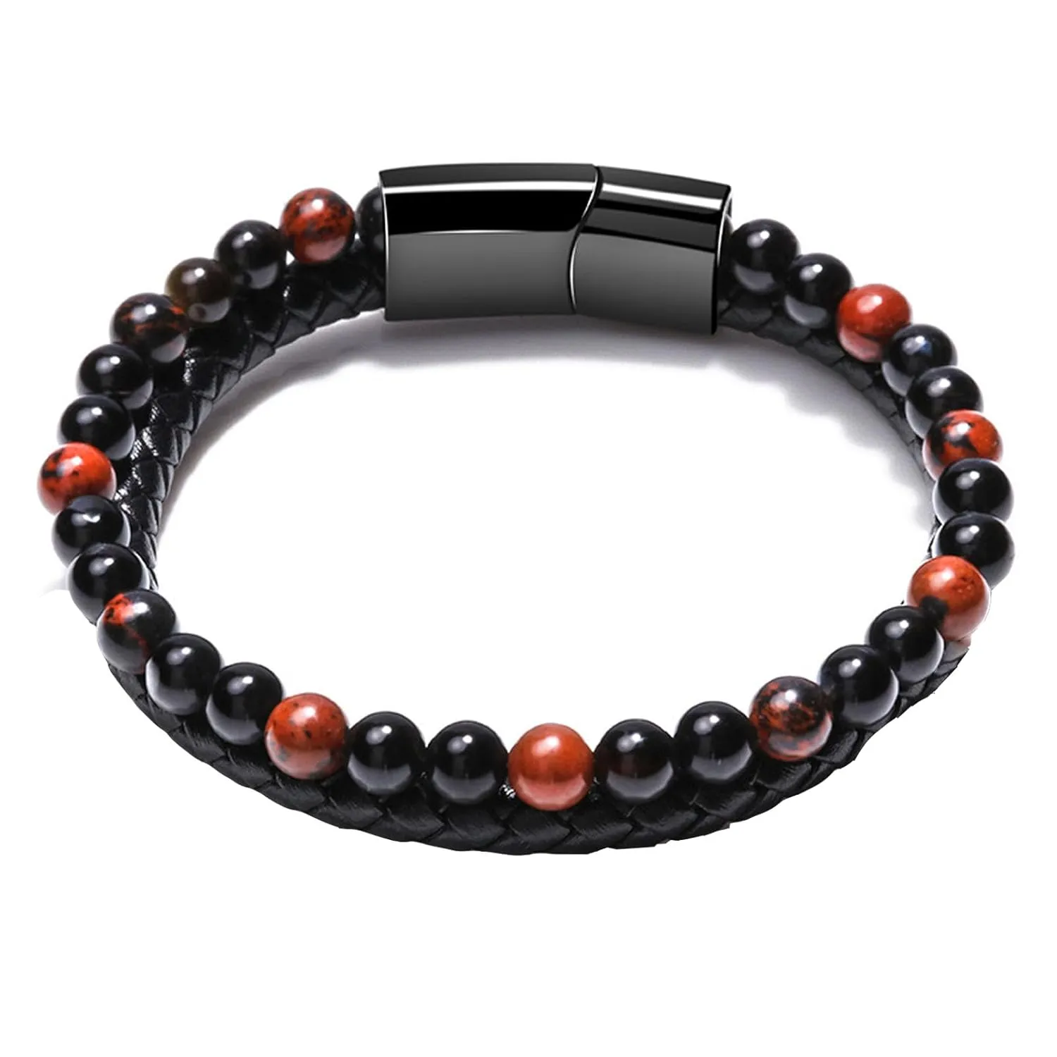 Men Leather Bracelet 2 in 1 Handmade Braided Leather Rope Tiger Eye Beaded Stone Bracelets, Double Row Magnetic Clasp Bracelet Jewelry Gift for Men and Boy (Agate, 8.3 In)