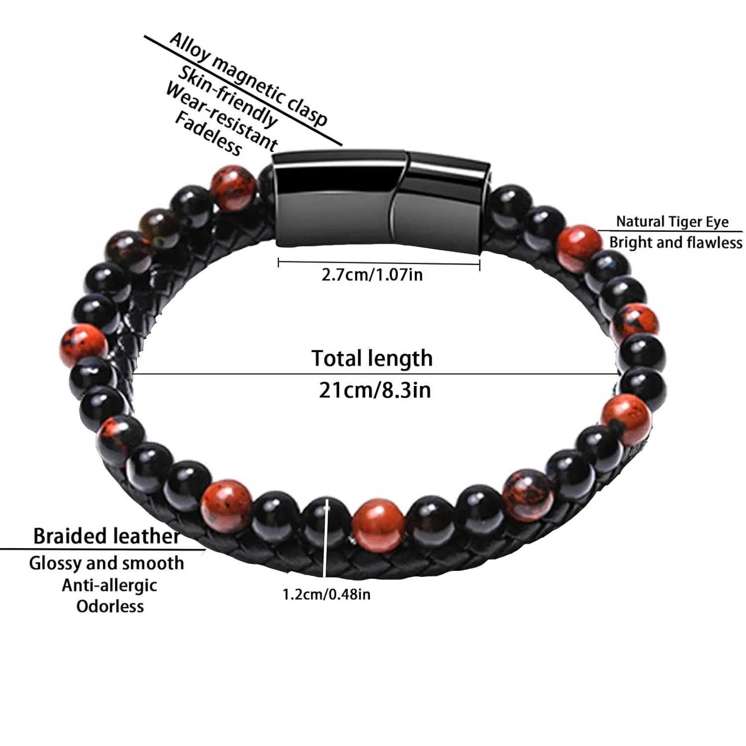Men Leather Bracelet 2 in 1 Handmade Braided Leather Rope Tiger Eye Beaded Stone Bracelets, Double Row Magnetic Clasp Bracelet Jewelry Gift for Men and Boy (Agate, 8.3 In)