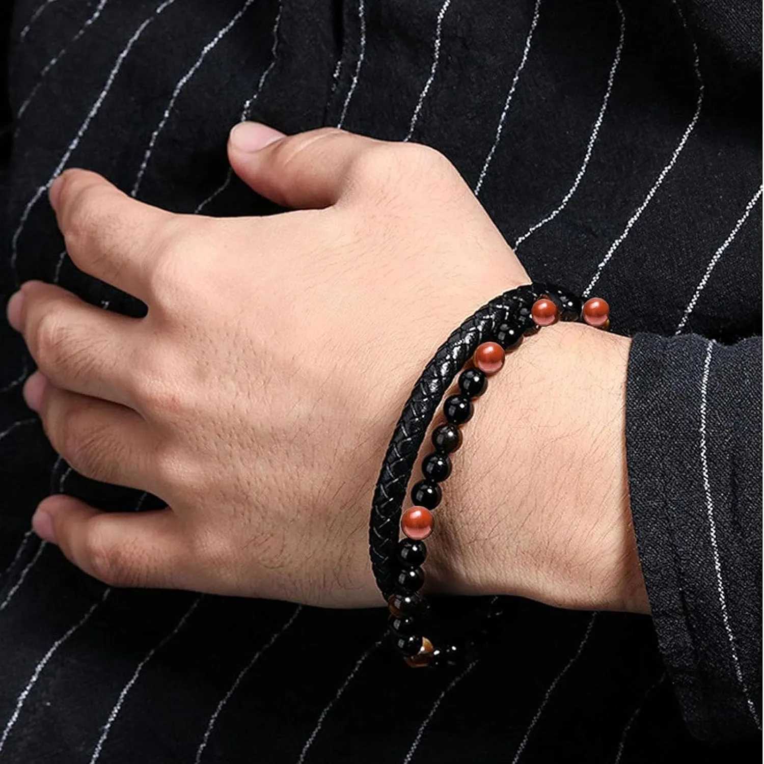 Men Leather Bracelet 2 in 1 Handmade Braided Leather Rope Tiger Eye Beaded Stone Bracelets, Double Row Magnetic Clasp Bracelet Jewelry Gift for Men and Boy (Agate, 8.3 In)