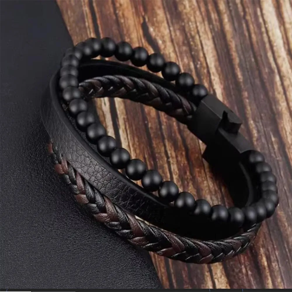 Men Leather Bracelet 2 in 1 Handmade Braided Leather Rope Tiger Eye Beaded Stone Bracelets, Double Row Magnetic Clasp Bracelet Jewelry Gift for Men and Boy (Black A, 8.3 In)