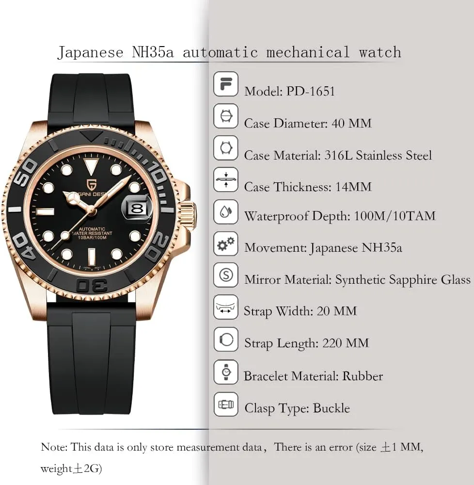 Men Watches Pagani Design Watch for Men Automatic NH35 Mechanical 100M Waterproof Stainless Steel Sapphire Glass Yacht Wristwatch PD-1651