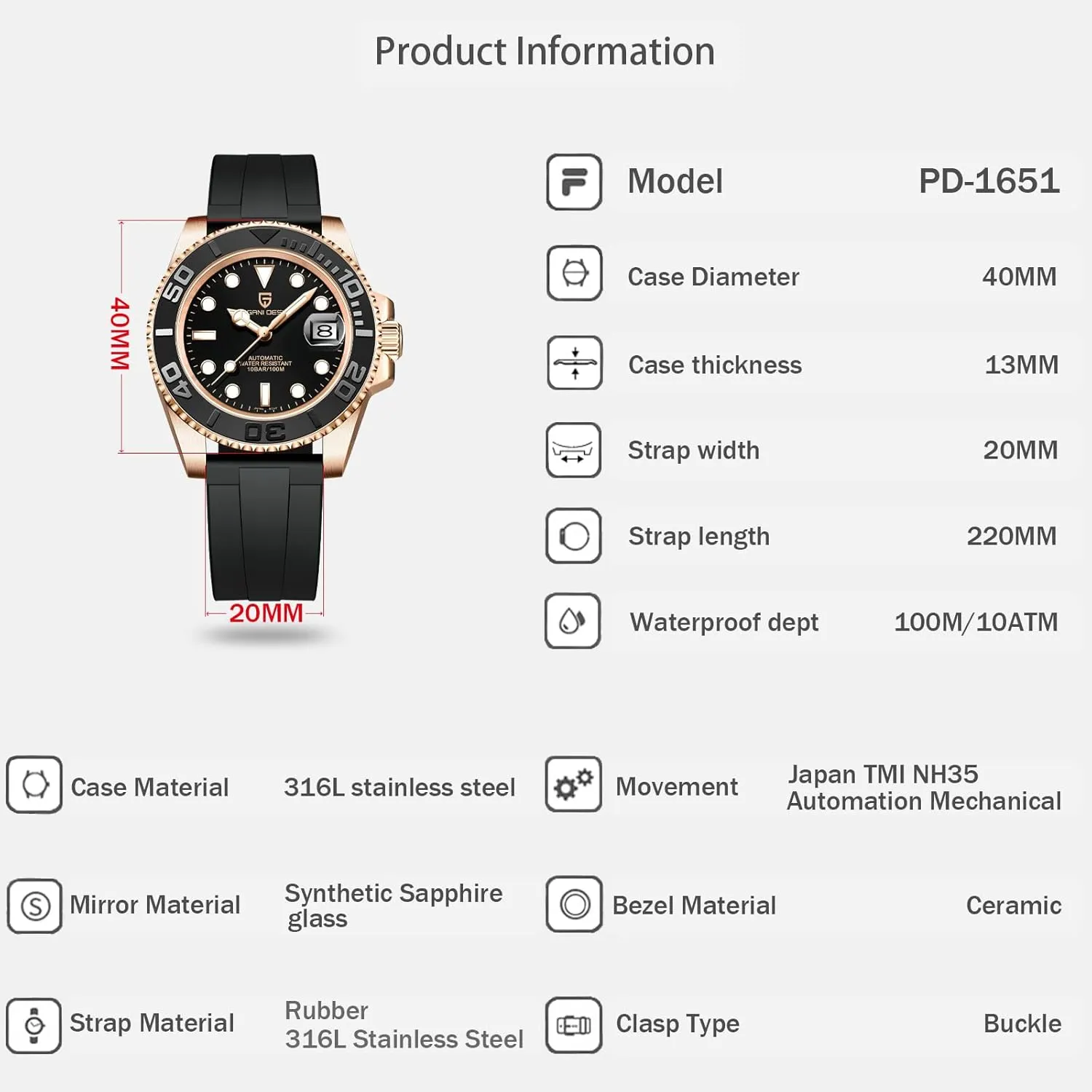 Men Watches Pagani Design Watch for Men Automatic NH35 Mechanical 100M Waterproof Stainless Steel Sapphire Glass Yacht Wristwatch PD-1651