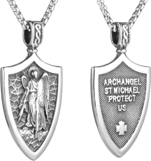 Men's and Women's Religious Catholic Patron Saint Archangel Michael Shield Pendant Necklace, 316L Stainless Steel, Silver Stainless Steel Square Pearl Chain, Vintage Jewelry