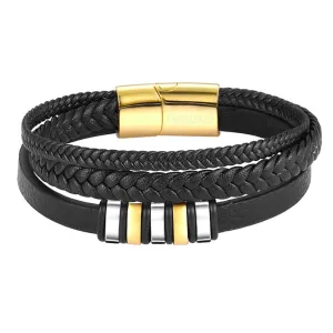 Men's Black Leather Multilayer Wrap Bracelet - Premium Woven Braided Leather Wristband for Men - Gold Stainless Steel Clasp - Gift Box Packaging Included - Best Mens Gift