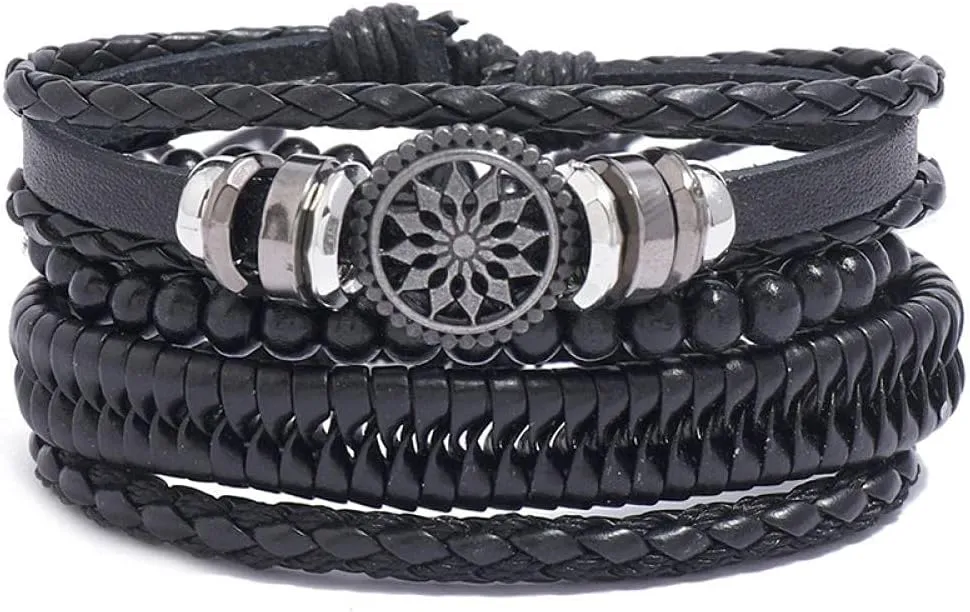 Mens Bracelets Rope Leather Bracelets For Men 4 Pieces/Set Of Men'S Adjustable Leather Bracelet Woven Black Brown Bracelet-R