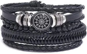 Mens Bracelets Rope Leather Bracelets For Men 4 Pieces/Set Of Men'S Adjustable Leather Bracelet Woven Black Brown Bracelet-R