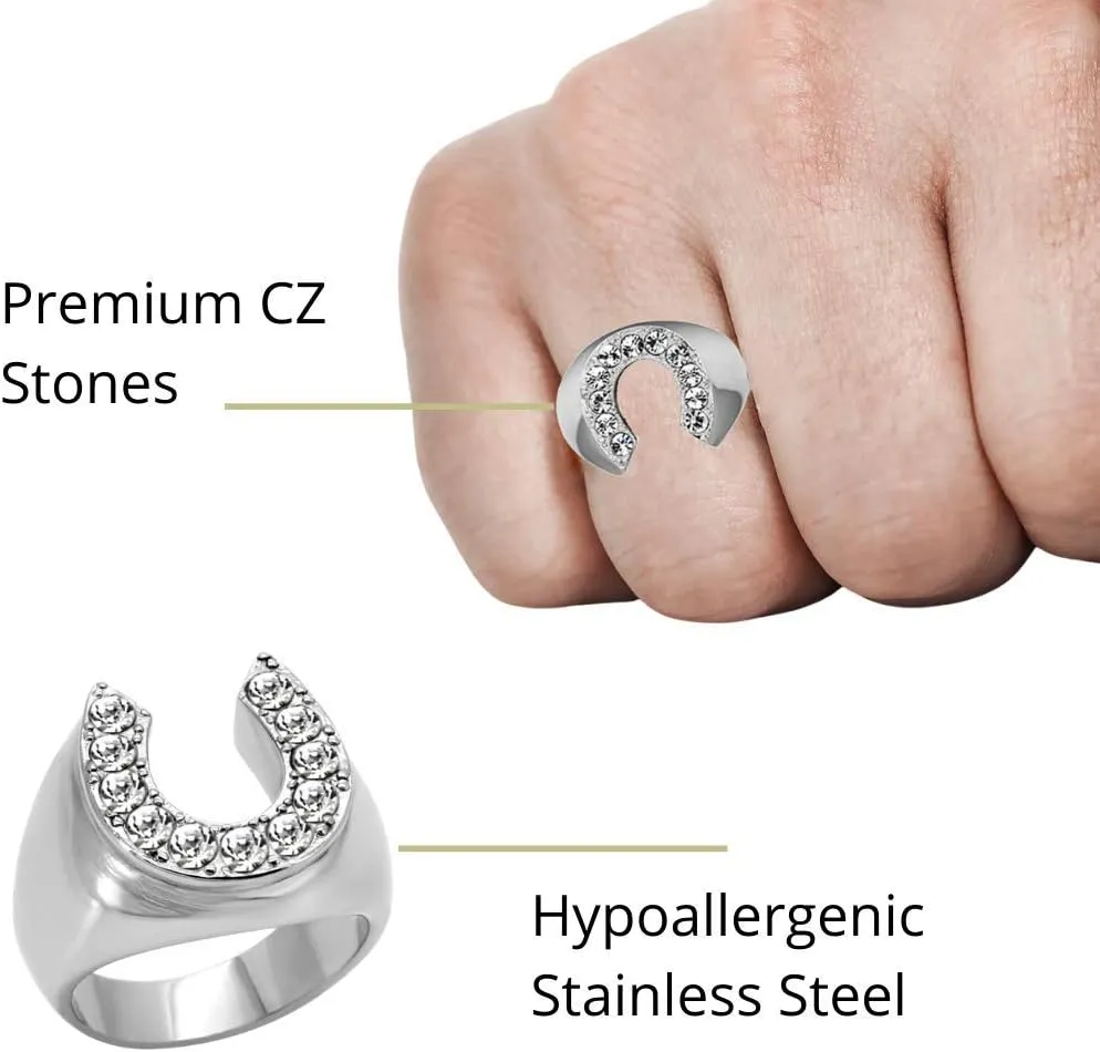 Men's CZ Clear Stone Horseshoe Horse Equestrian Novelty Fashion Statement Ring