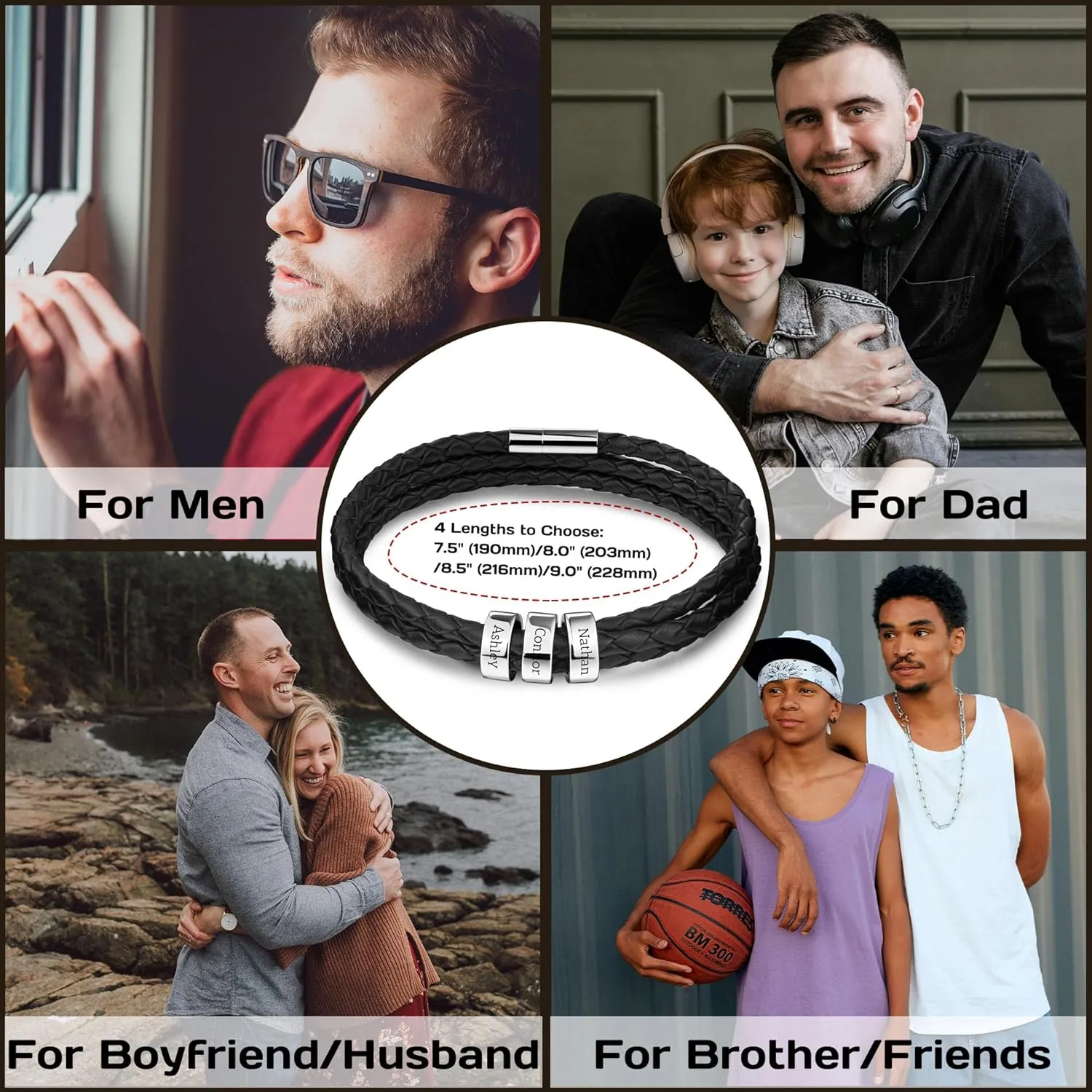 Mens Leather Bracelets with 2-6 Custom Name Beads Braid Name Bracelets Bead Name Bracelets for Men Customized Men Jewelry Gifts for Dad Boyfriend Husband Grandfather