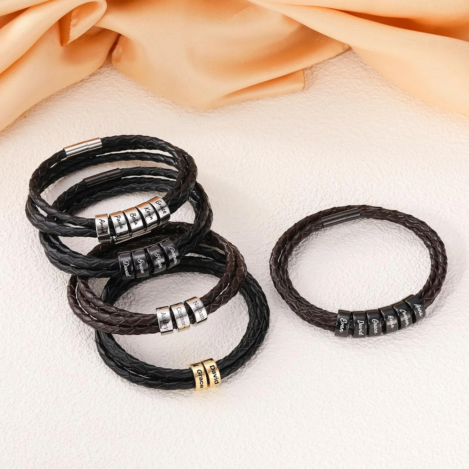 Mens Leather Bracelets with 2-6 Custom Name Beads Braid Name Bracelets Bead Name Bracelets for Men Customized Men Jewelry Gifts for Dad Boyfriend Husband Grandfather