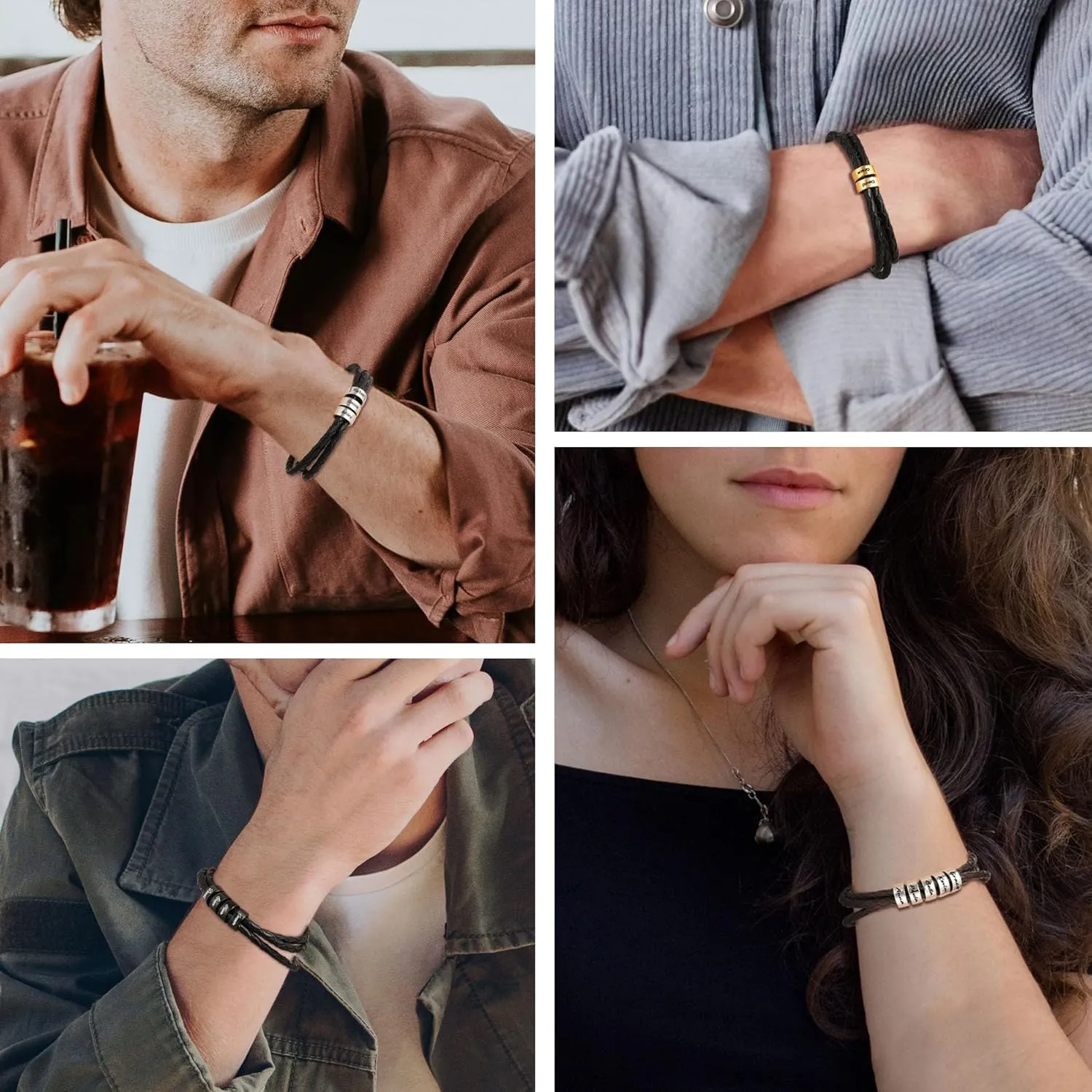 Mens Leather Bracelets with 2-6 Custom Name Beads Braid Name Bracelets Bead Name Bracelets for Men Customized Men Jewelry Gifts for Dad Boyfriend Husband Grandfather