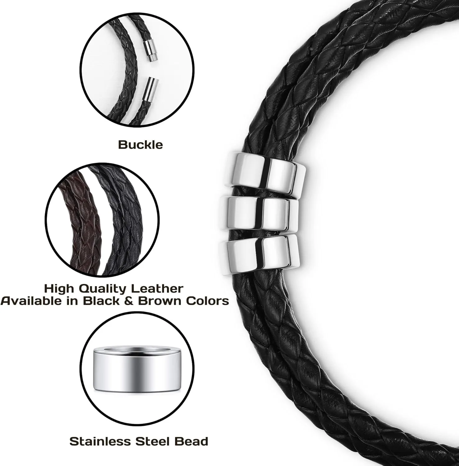 Mens Leather Bracelets with 2-6 Custom Name Beads Braid Name Bracelets Bead Name Bracelets for Men Customized Men Jewelry Gifts for Dad Boyfriend Husband Grandfather