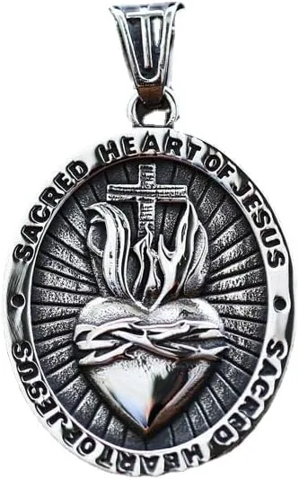 Mens Stainless Steel Sacred Heart of Jesus Pendant Necklace