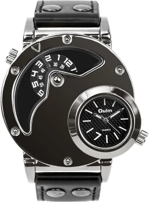 Men's Unique Analog Watch, Waterproof Fashion Dress Quartz Wrist Watch with Dual Dial Cool Design Leather Band Dual Time Watches