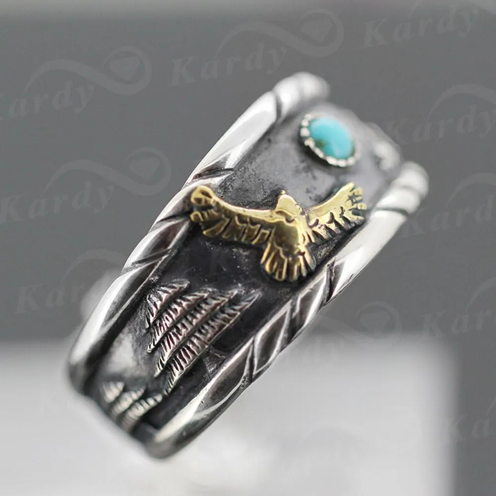 Men's Unique Antique Vintage Natural Blue Turquoise Gemstone Solid 925 Sterling Silver and Copper Biker Fashion Daily Wear Ring Set