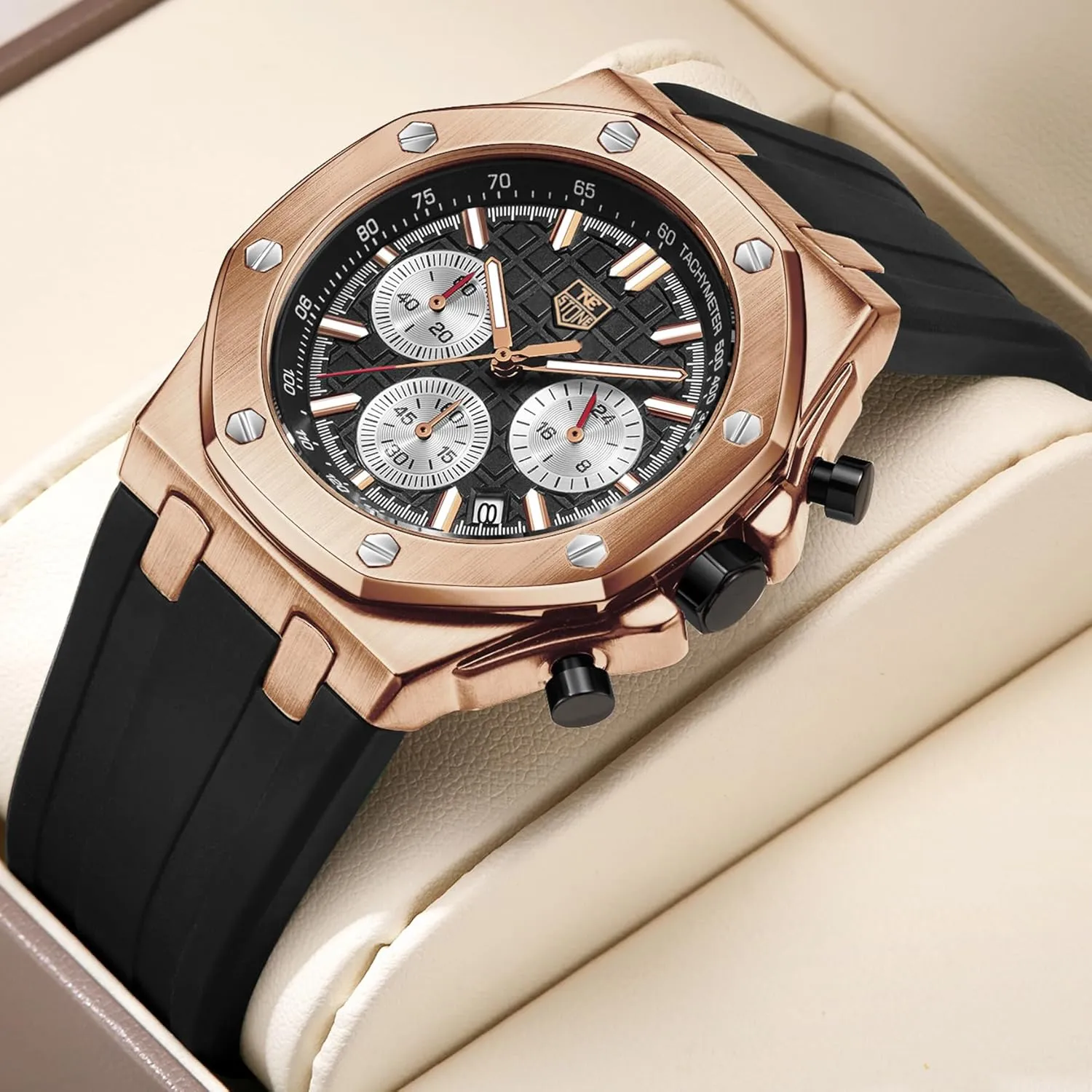 Men's Watch Silicone Band, Quartz Analog Waterproof Multifunction Chronograph Sports Watch for Men with Calendar Black Rubber Strap