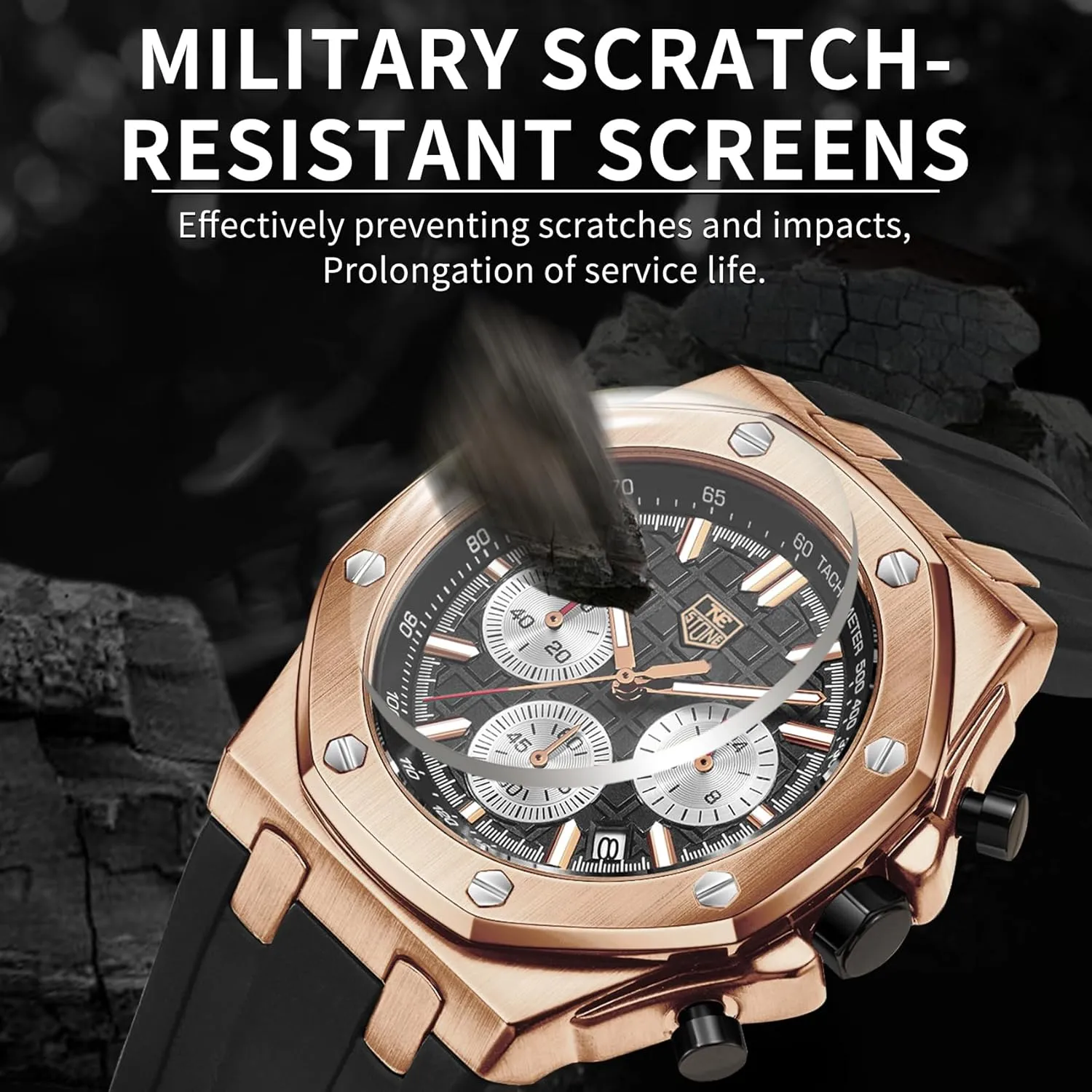 Men's Watch Silicone Band, Quartz Analog Waterproof Multifunction Chronograph Sports Watch for Men with Calendar Black Rubber Strap