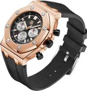 Men's Watch Silicone Band, Quartz Analog Waterproof Multifunction Chronograph Sports Watch for Men with Calendar Black Rubber Strap