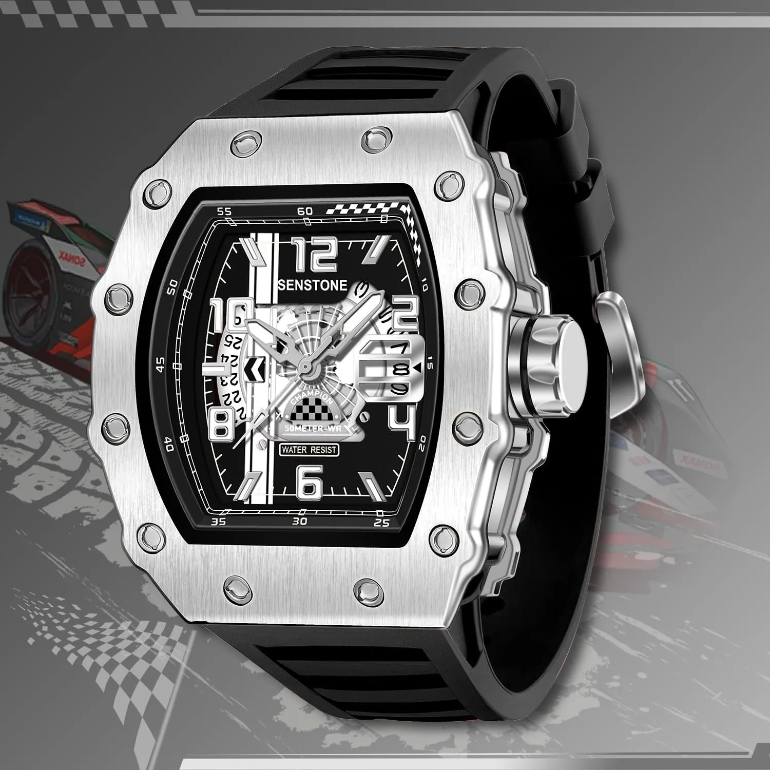 Mens Watches Tonneau Design Analog Unique Sports Quartz Wrist Watch for Men with Luminous Date Calendar Rubber Strap Silicone Band