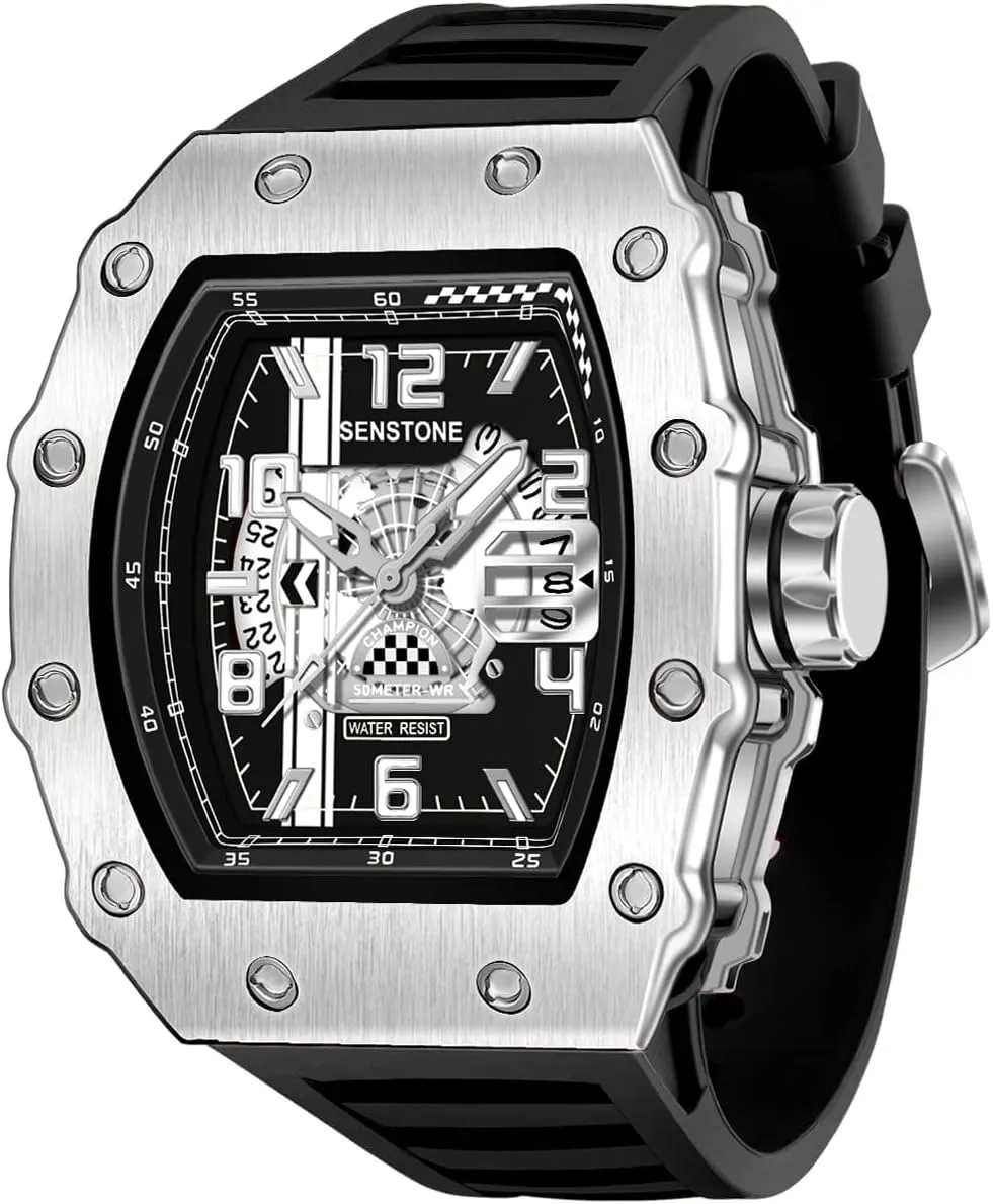 Mens Watches Tonneau Design Analog Unique Sports Quartz Wrist Watch for Men with Luminous Date Calendar Rubber Strap Silicone Band