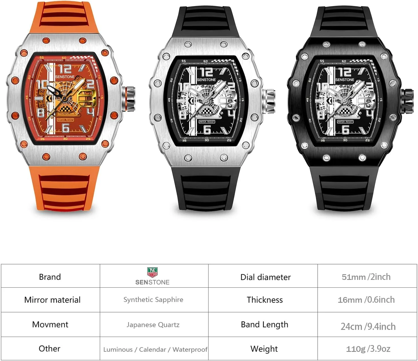 Mens Watches Tonneau Design Analog Unique Sports Quartz Wrist Watch for Men with Luminous Date Calendar Rubber Strap Silicone Band