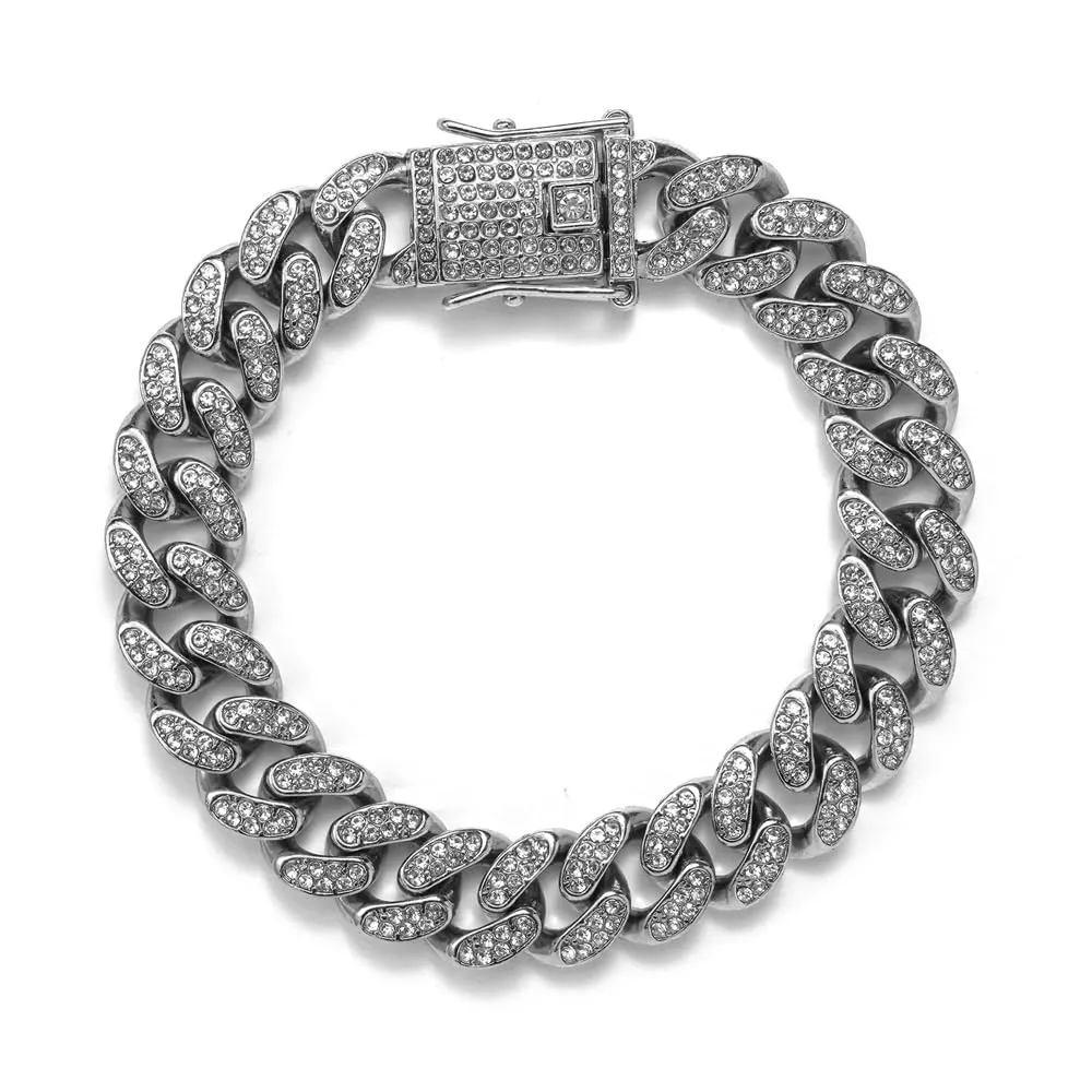 Miami Cuban Chain for Men 13mm diamond Ice Crystal Cuban Chain Necklace Bracelet Hip Hop Jewelry for men and women, zinc, rhinestones 8 inch silver