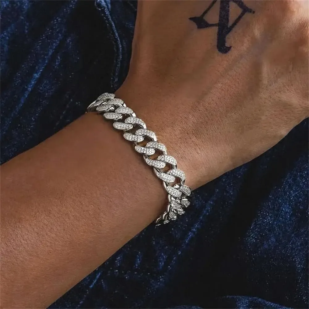 Miami Cuban Chain for Men 13mm diamond Ice Crystal Cuban Chain Necklace Bracelet Hip Hop Jewelry for men and women, zinc, rhinestones 8 inch silver