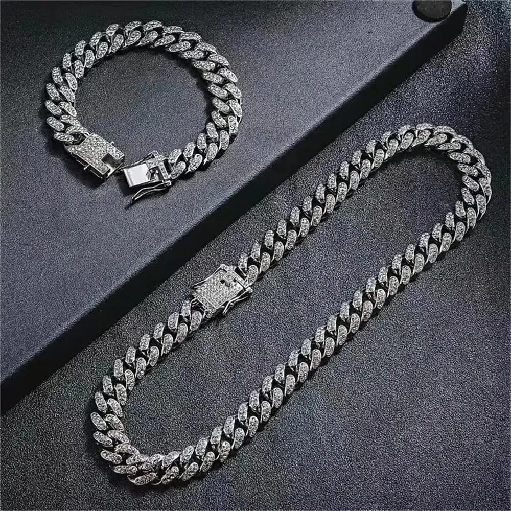Miami Cuban Chain for Men 13mm diamond Ice Crystal Cuban Chain Necklace Bracelet Hip Hop Jewelry for men and women, zinc, rhinestones 8 inch silver