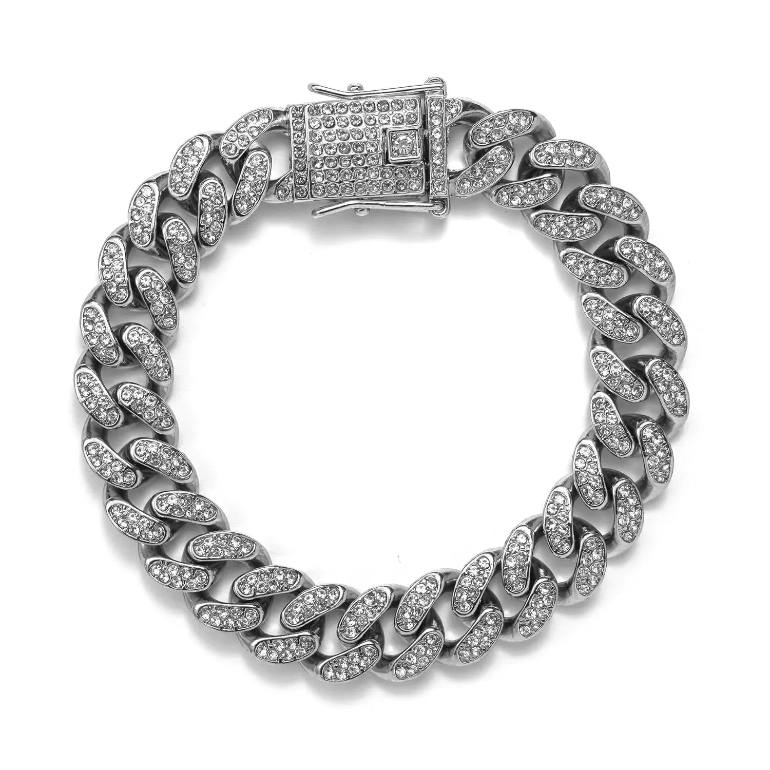 Miami Cuban Chain for Men 13mm diamond Ice Crystal Cuban Chain Necklace Bracelet Hip Hop Jewelry for men and women, zinc, rhinestones 8 inch silver