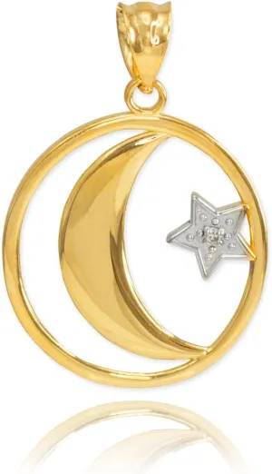 Middle Eastern Jewelry Fine 10k Yellow Gold Diamond-Accented Islamic Charm Crescent Moon and Star Charm Pendant