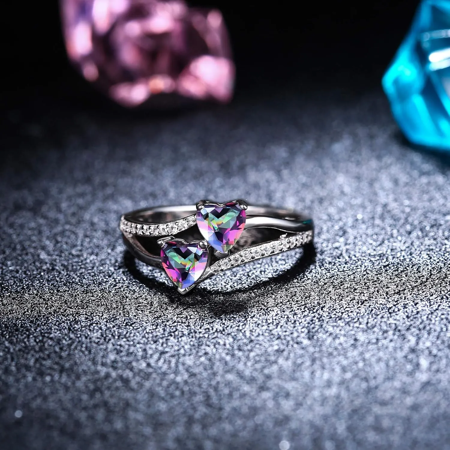 Milacolato 925 Sterling Silver Promise Ring for Her 18K White Gold Plated Double Stone Ring Heart Birthstones Toi et Moi Engagement Ring Jewelry Size 5-9