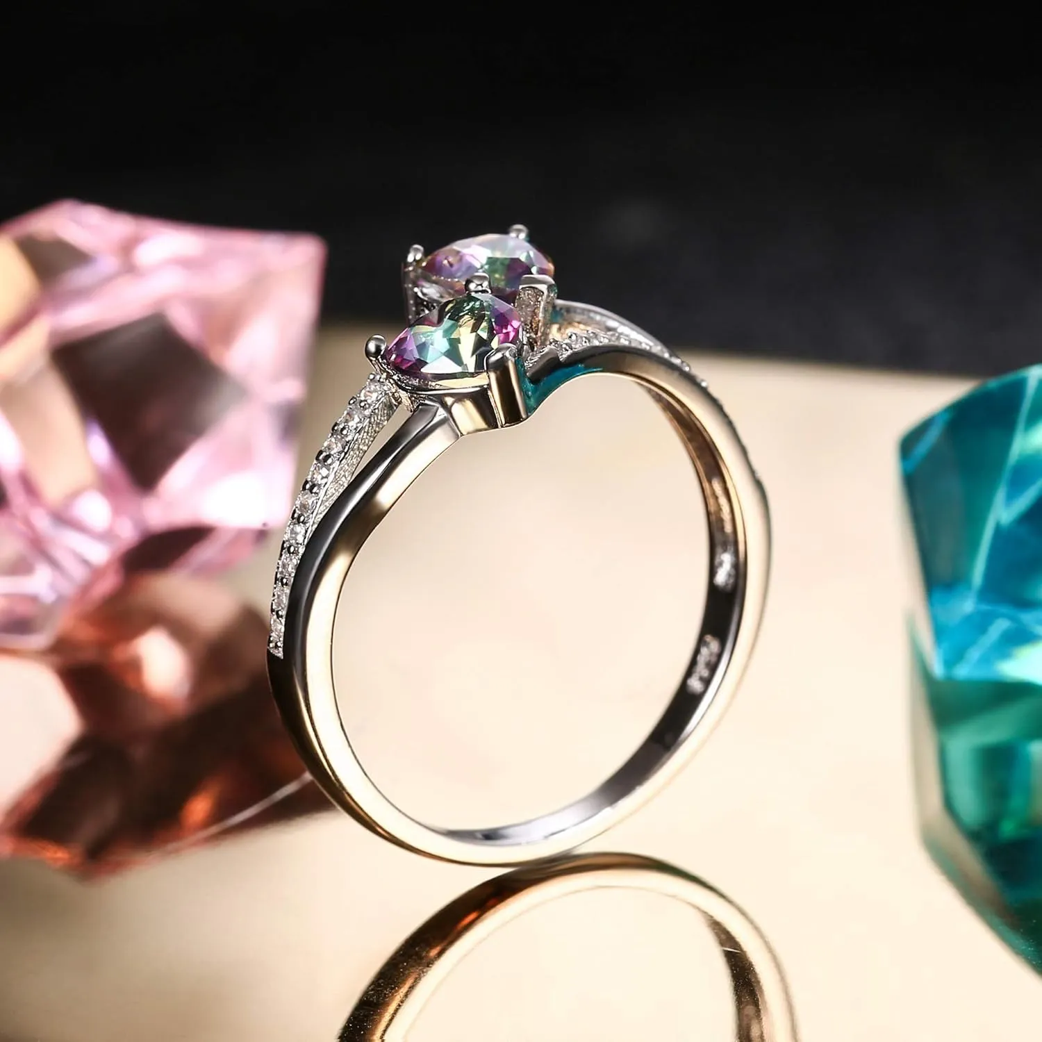 Milacolato 925 Sterling Silver Promise Ring for Her 18K White Gold Plated Double Stone Ring Heart Birthstones Toi et Moi Engagement Ring Jewelry Size 5-9