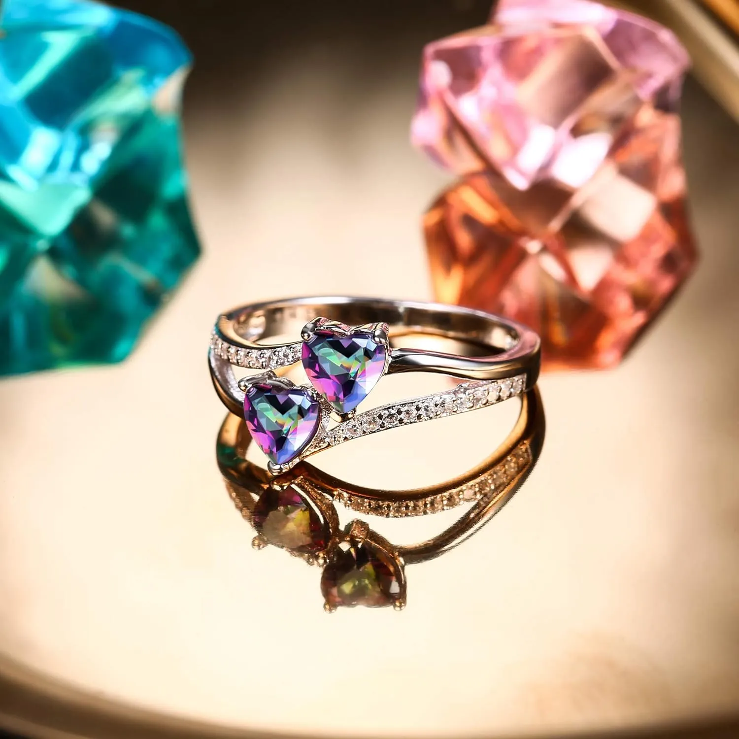Milacolato 925 Sterling Silver Promise Ring for Her 18K White Gold Plated Double Stone Ring Heart Birthstones Toi et Moi Engagement Ring Jewelry Size 5-9