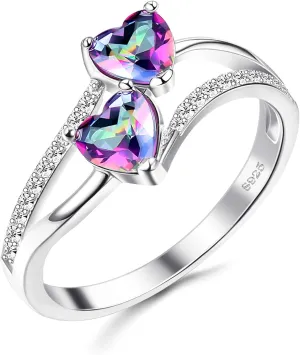 Milacolato 925 Sterling Silver Promise Ring for Her 18K White Gold Plated Double Stone Ring Heart Birthstones Toi et Moi Engagement Ring Jewelry Size 5-9