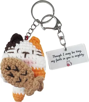 Mini Funny Knitted Crochet Positive Cat Keychain, Handmade Emotional Cheer Support Pickle Potato Duck for Friends, Family, Thoughtful Handmade Gift for Celebrations, Birthdays, Just Because Moments