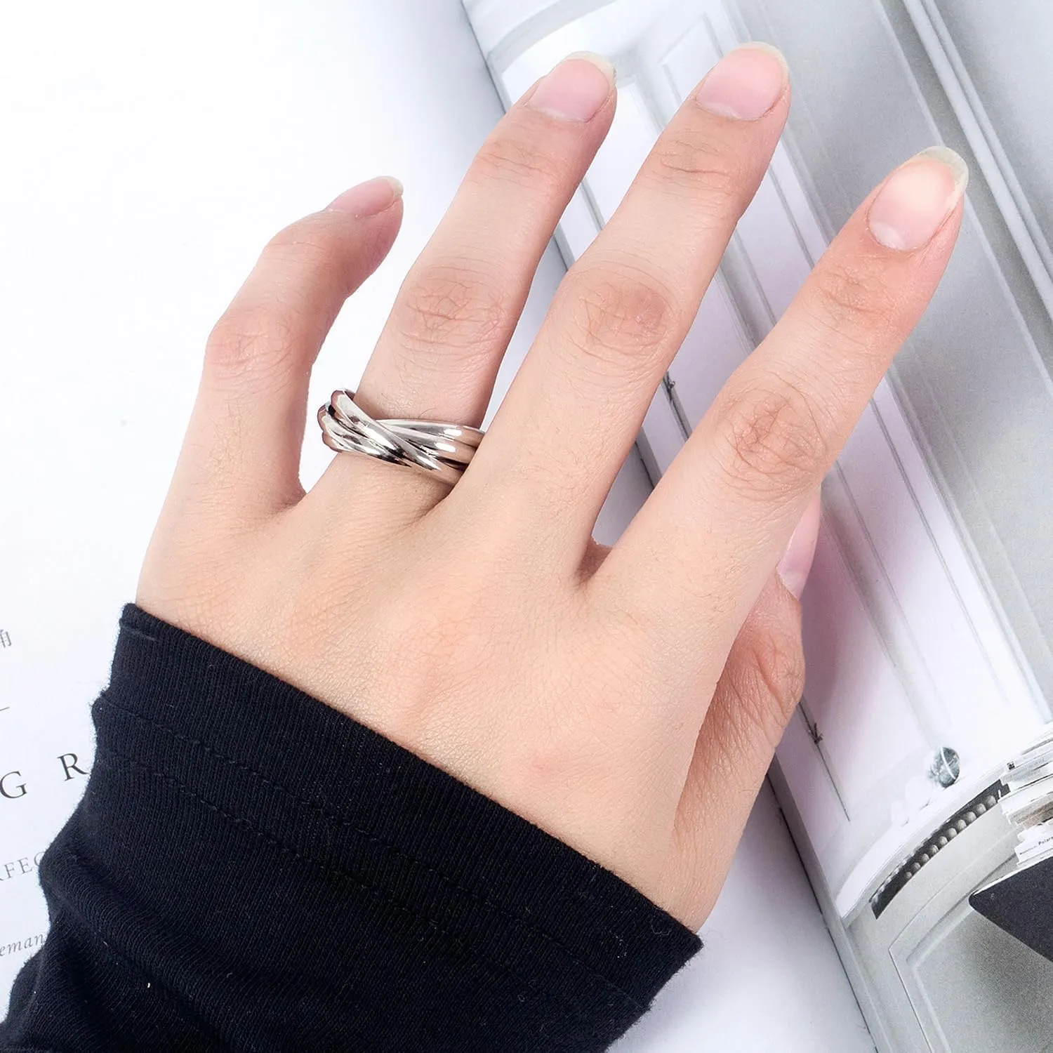 Minimalist 925 Sterling Silver Interlocking Silver Rings-Women Stacking Cross Rings in Silver/Gold-Three/Five/Nine Row Ring Size 5#-13#-Promise Ring Jewelry for Love Gift
