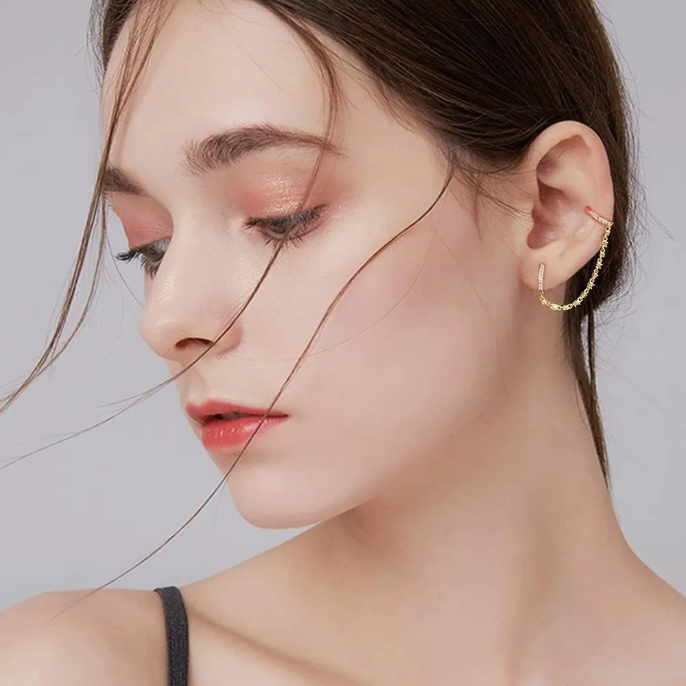 Minimalist Cuff Small Hoop Cubic Zirconia Chain Climber Crawler Earrings for Women Cartilage 925 Sterling Silver Post Hypoallergenic Fashion Threader Crystal Huggie Clip Hoops Gifts Bff Birthday Her
