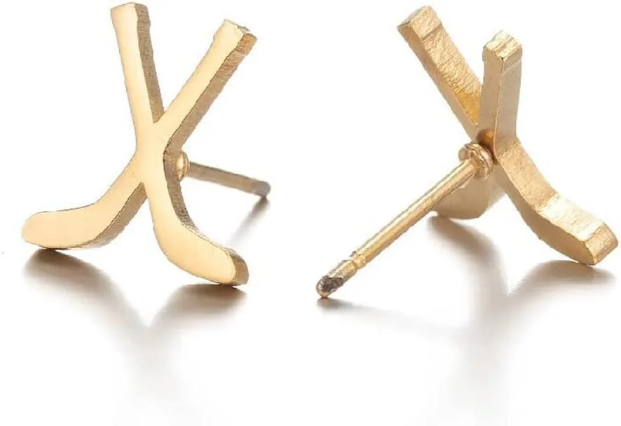 Minimalist Ice Hockey Stick Stud Earrings for Women Girls Men Stainless Steel Cartilage Small Studs Earring Fashion Sports Jewelry Gifts