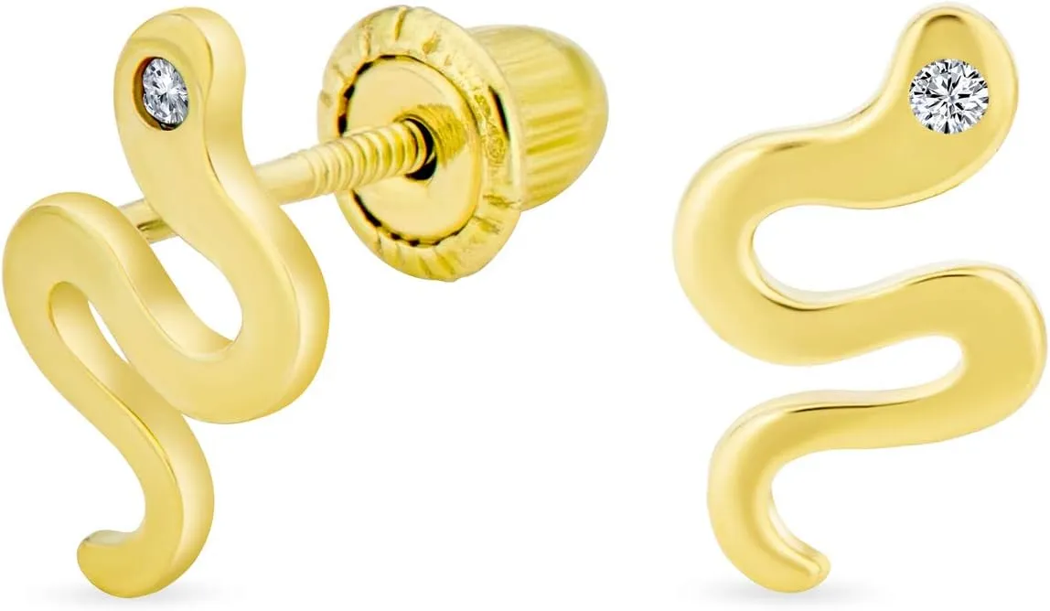 Minimalist Tiny Mini CZ Accent Garden Reptile Serpent Snake Cartilage Ear Stud Earrings For Women Teen Real 14K Yellow Gold Safety Clutch Screw back