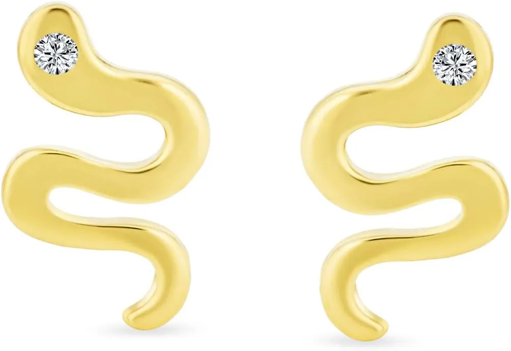 Minimalist Tiny Mini CZ Accent Garden Reptile Serpent Snake Cartilage Ear Stud Earrings For Women Teen Real 14K Yellow Gold Safety Clutch Screw back