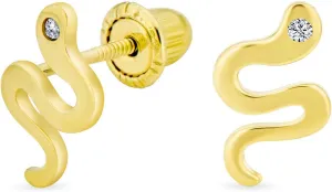 Minimalist Tiny Mini CZ Accent Garden Reptile Serpent Snake Cartilage Ear Stud Earrings For Women Teen Real 14K Yellow Gold Safety Clutch Screw back