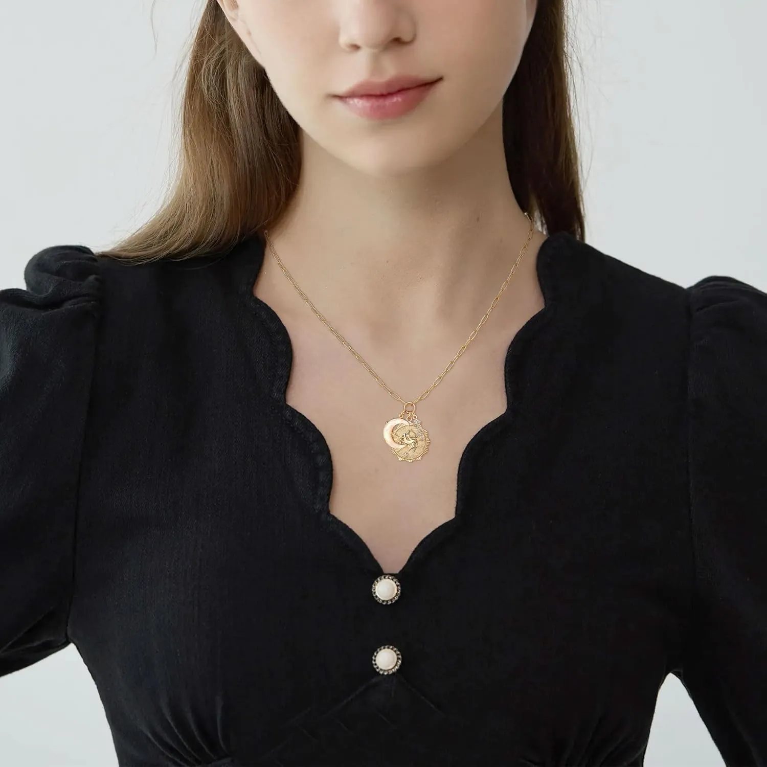 MISS RIGHT Gold Zodiac Sign Coin Necklace with Opal Crescent Moon Charm for Women Trendy, Dainty Gold Paperclip Chain 12 Constellation Horoscope Necklaces Astrology Jewelry Gifts