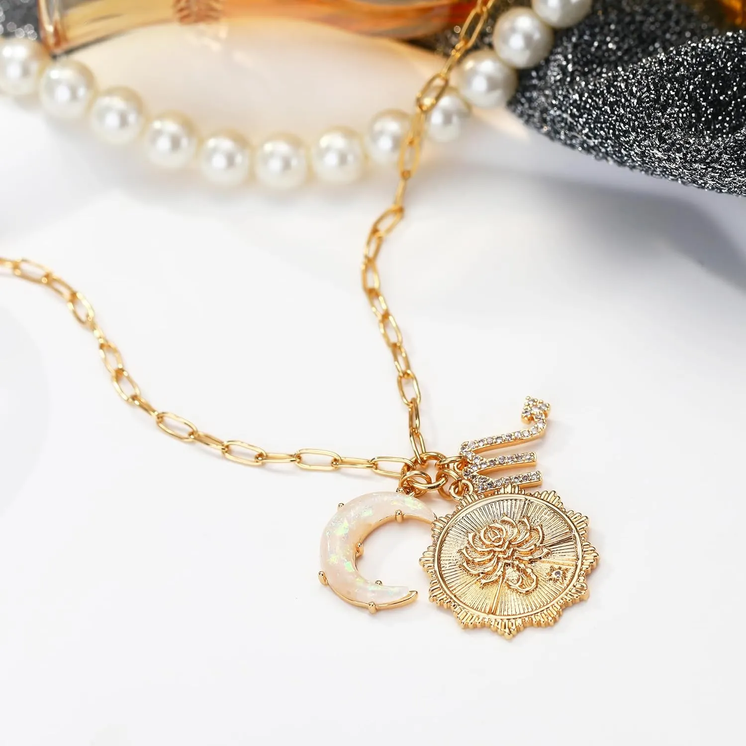 MISS RIGHT Gold Zodiac Sign Coin Necklace with Opal Crescent Moon Charm for Women Trendy, Dainty Gold Paperclip Chain 12 Constellation Horoscope Necklaces Astrology Jewelry Gifts