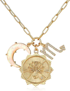 MISS RIGHT Gold Zodiac Sign Coin Necklace with Opal Crescent Moon Charm for Women Trendy, Dainty Gold Paperclip Chain 12 Constellation Horoscope Necklaces Astrology Jewelry Gifts