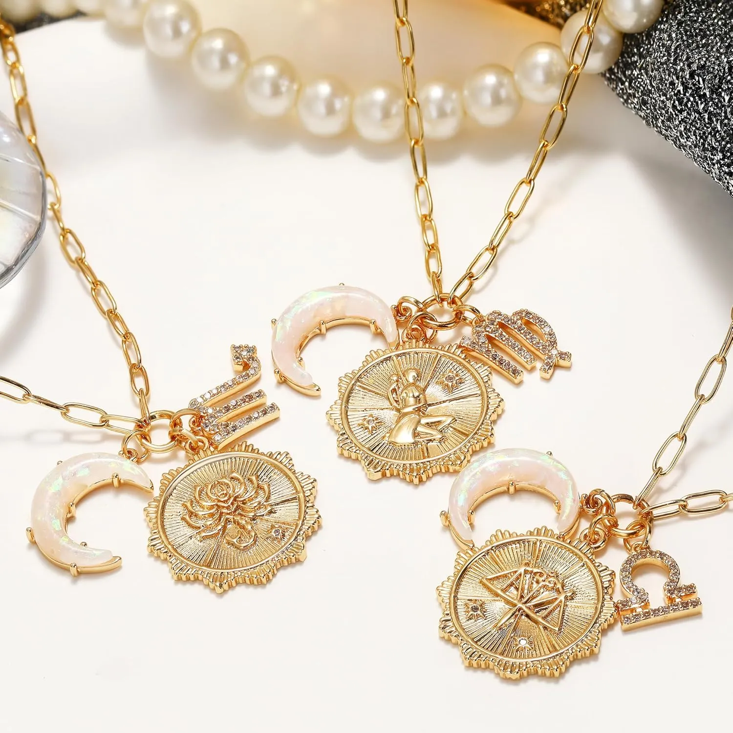MISS RIGHT Gold Zodiac Sign Coin Necklace with Opal Crescent Moon Charm for Women Trendy, Dainty Gold Paperclip Chain 12 Constellation Horoscope Necklaces Astrology Jewelry Gifts