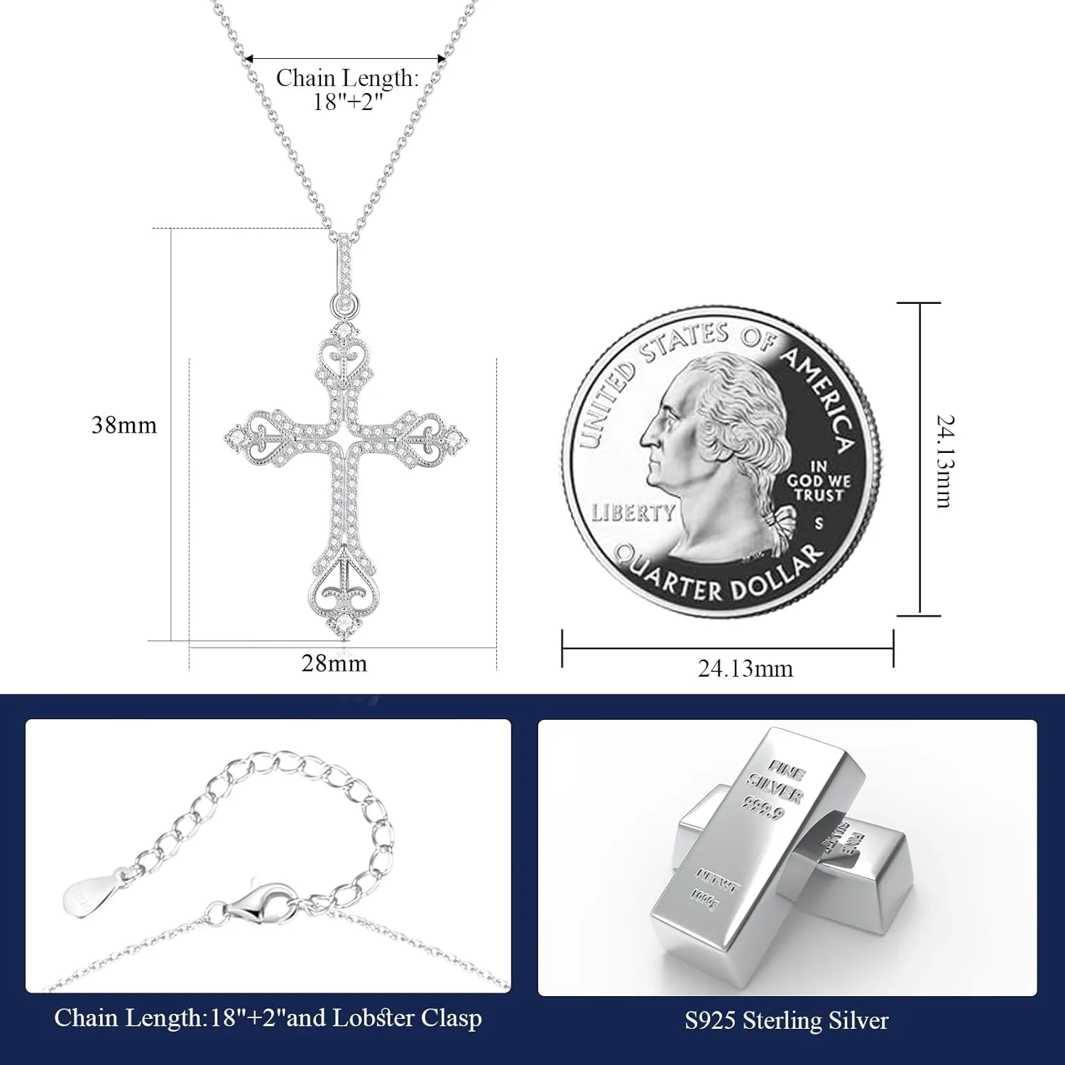Moissanite Cross Necklace for Women Mom Jesus D Color VVS1 925 Sterling Silver 18k White Gold Plated Chain Crucifix Pendant Necklace Jewelry Christian Religious Faith Gift