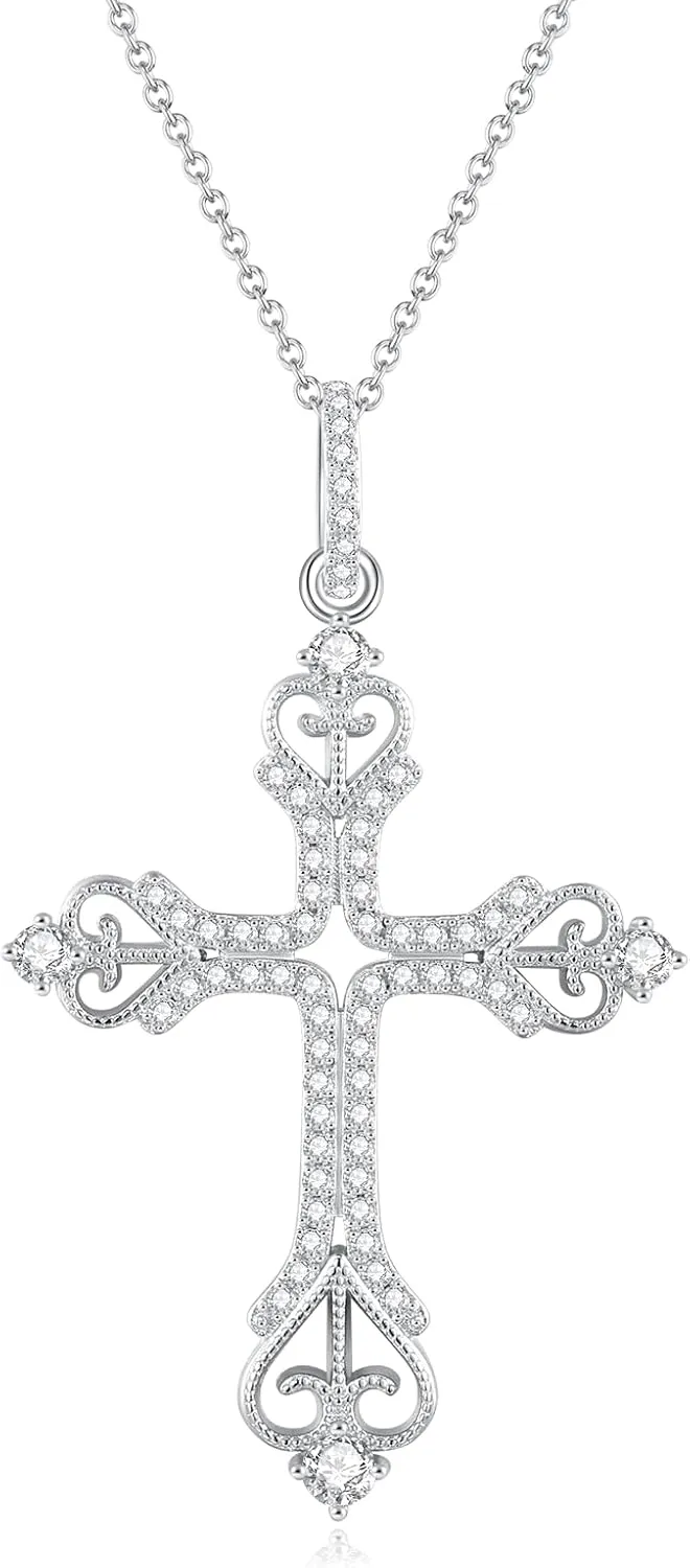 Moissanite Cross Necklace for Women Mom Jesus D Color VVS1 925 Sterling Silver 18k White Gold Plated Chain Crucifix Pendant Necklace Jewelry Christian Religious Faith Gift